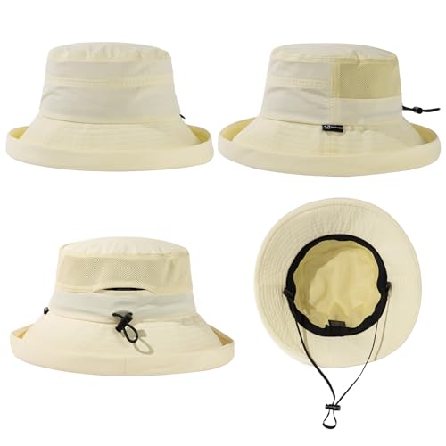 Sun Hats Women Wide Brim UV Protection UPF 50 with Ponytail Hole Foldable Bucket Hat for Summer Travel Outdoor Camping Gardening Waterproof Lightweight and Breathable Cream Beige M
