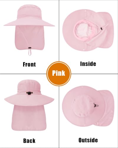 Outdoor Sun Hats with Stowable Neck Flap for Men Women UPF 50+ Mesh Summer Bucket Hat Wide Brim for Fishing Safari Hiking Pink