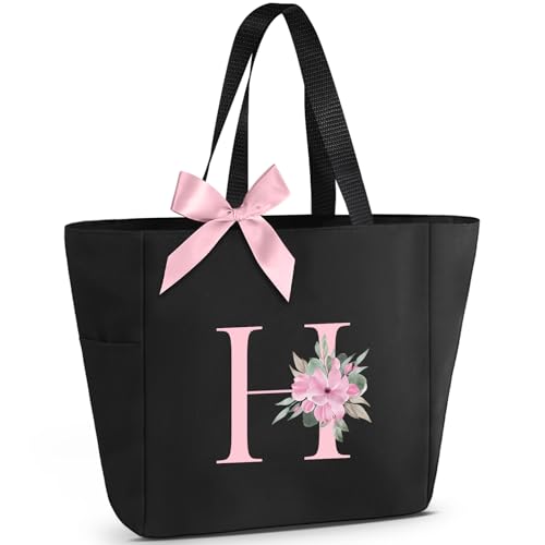 Tote Bag, A-Z Initial Monogrammed Waterproof Tote Bag, Bridesmaid Gifts for Women, Black and Pink (H, Black)