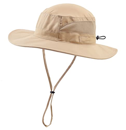 Womens Outdoor Mesh Boonie Sun Hat Summer Wide Brim UV Protection Fishing Hat Safari Cap Khaki