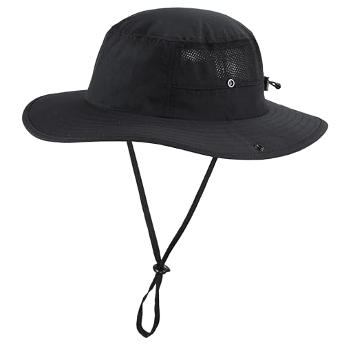 UPF50+ Mens Sun Hat Wide Brim Womens UV Protection Beach Bucket Hat Airy Fishing Hat Hiking Snap Up Cowboy Hat Black