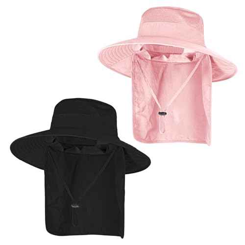 2Pack Sun Hats for Men Women Fishing Hat UPF 50+ Breathable Wide Brim Bucket Hats Summer UV Protection Safari Hat with Neck Flap Black (2 Count)