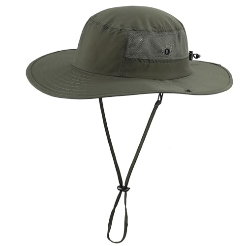 UPF50+ Mens Sun Hat Wide Brim Womens UV Protection Beach Bucket Hat Airy Fishing Hat Hiking Snap Up Cowboy Hat Army Green