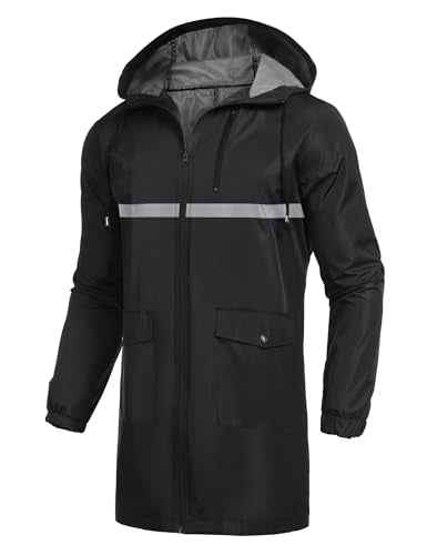 Men's Long Raincoats Lightweight Hooded Rain Jackets Waterproof Packable Outdoor Hiking Reflective Stripe Jacket
