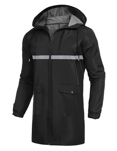 Men's Long Raincoats Lightweight Hooded Rain Jackets Waterproof Packable Outdoor Hiking Reflective Stripe Jacket