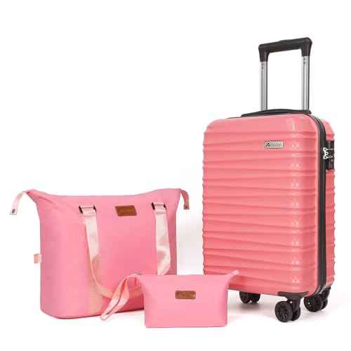 Luggage Set 3 Piece Luggage Set ABS hardshell Spinner Wheels Luggage Carry on Suitcase with Weekender bag & Toiletry bag（Pink） (3 Count)