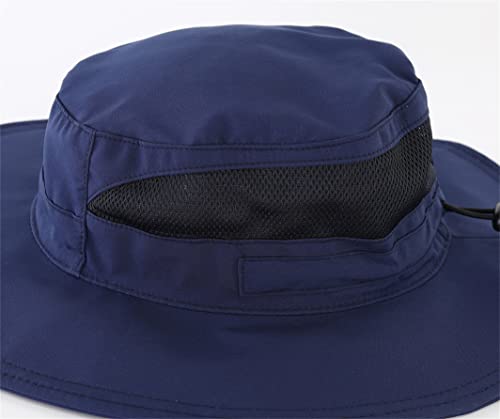 Womens Outdoor Mesh Boonie Sun Hat Summer Wide Brim UV Protection Fishing Hat Safari Cap Navy Blue