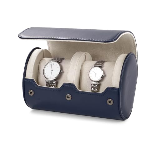 2 Slot Leather Watch Organizer Box Dark Blue