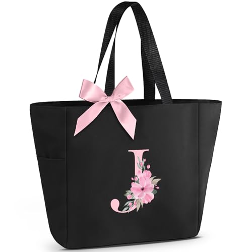 Tote Bag, A-Z Initial Monogrammed Waterproof Tote Bag, Bridesmaid Gifts for Women, Black and Pink (J, Black)