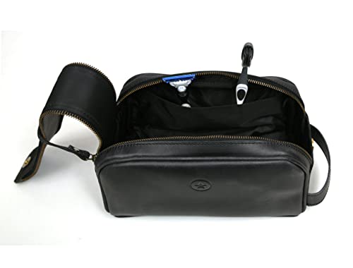 10" Premium Leather Toiletry Travel Pouch With Waterproof Lining Black Color