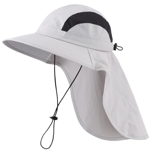 UPF 50+ Wide Brim Bucket Sun Hat with Neck Flap for Men Women UV Protection for Fishing Gardening Hiking Beach Safari Light Grey