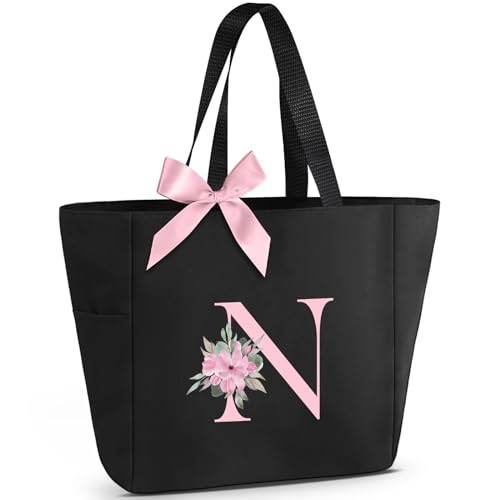 Tote Bag, A-Z Initial Monogrammed Waterproof Tote Bag, Bridesmaid Gifts for Women, Black and Pink (N, Black)