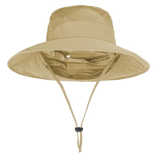 Sun Hats for Men Women Fishing Hat UPF 50+ Breathable Wide Brim Bucket Hats Summer UV Protection Safari Hat with Neck Flap Khaki