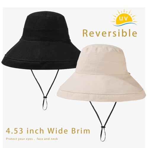 Womens Sun Hats Wide Brim Reversible Bucket Cotton Hat Packable Summer Travel Cap with Hat Clip
