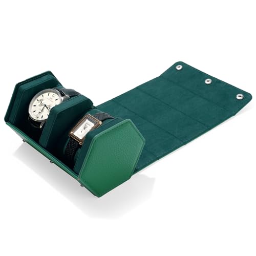 Green Leather Watch Roll Travel Case for Men