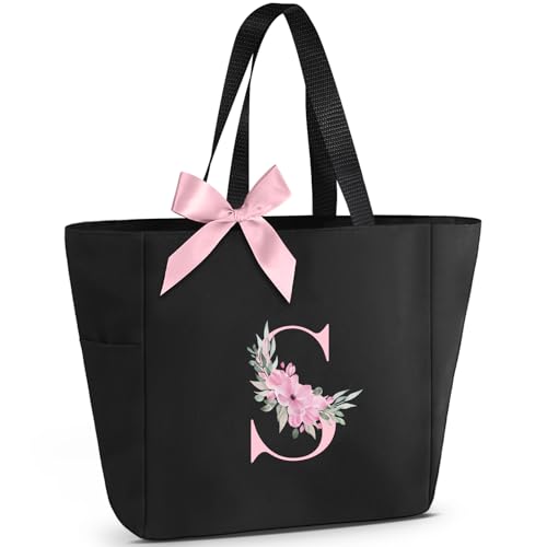 Tote Bag, A-Z Initial Monogrammed Waterproof Tote Bag, Bridesmaid Gifts for Women, Black and Pink (S, Black)