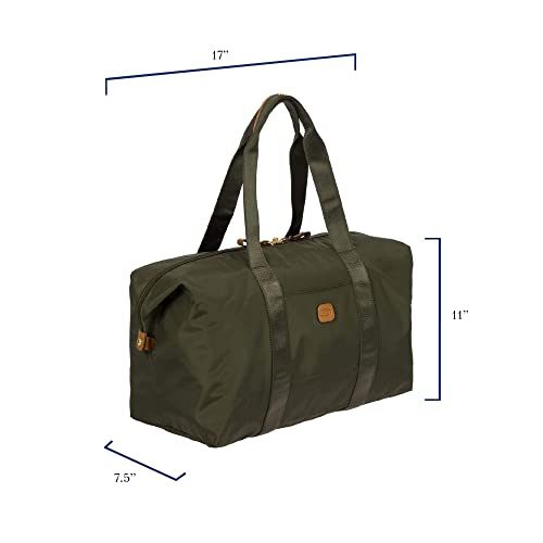 Bric’s X-Bag/X-Travel 2.0 Overnight Weekender Duffel, Water-Resistant Folding Carry-On with Leather Trim, Removable Shoulder Strap and Pass-Through Sleeve - Mini Bag Included – 18 Inch, Olive