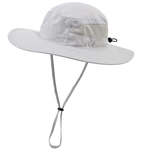 Womens Sun Hat Outdoor Wide Brim Boonie Sun Hat Summer Beach Hats UV Protection Fishing Safari Cap Light Grey