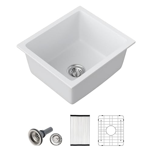 Dcolara 15 Inch White Undermount Wet Bar Sink Single Bowl Kitchen Sink Modern prep sink Granite Composite