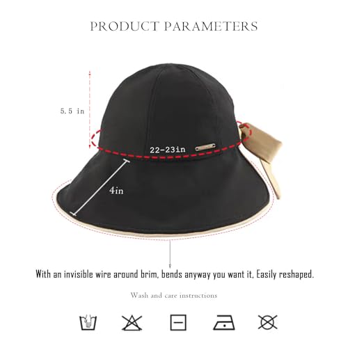 HUALBO Wide Brim Hats for Woman Foldable Hats Sun Hats for Women uv Protection Bowknot Bucket hat Adjustable hat with Ponytail Hole Black
