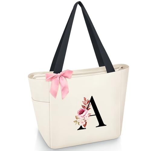 Tote Bag, A-Z Initial Monogrammed Waterproof Tote Bag, Bridesmaid Gifts for Women, Black and Pink (A, Beige)