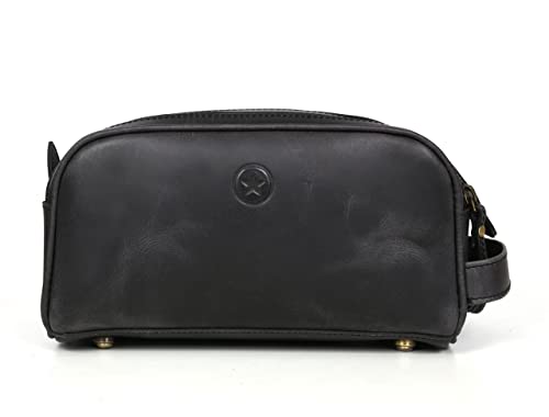 10" Premium Leather Toiletry Travel Pouch With Waterproof Lining Black Color