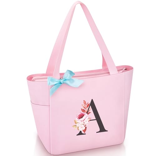 Tote Bag, A-Z Initial Monogrammed Waterproof Tote Bag, Bridesmaid Gifts for Women, Black and Pink (A, Pink)