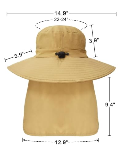 Outdoor Sun Hats with Stowable Neck Flap for Men Women UPF 50+ Mesh Summer Bucket Hat Wide Brim for Fishing Safari Hiking Khaki