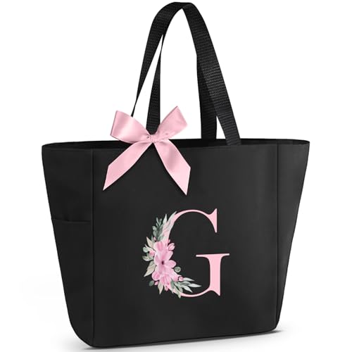 Tote Bag, A-Z Initial Monogrammed Waterproof Tote Bag, Bridesmaid Gifts for Women, Black and Pink (G, Black)