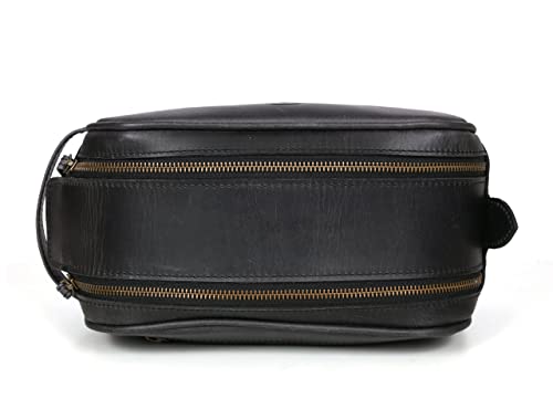 10" Premium Leather Toiletry Travel Pouch With Waterproof Lining Black Color