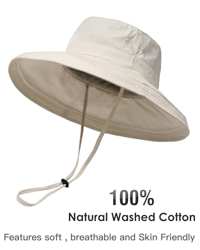 Womens Sun Hat with Ponytail Hole Cotton Shapeable Wide Brim Beige