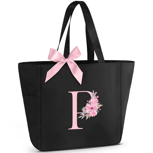 Tote Bag, A-Z Initial Monogrammed Waterproof Tote Bag, Bridesmaid Gifts for Women, Black and Pink (P, Black)