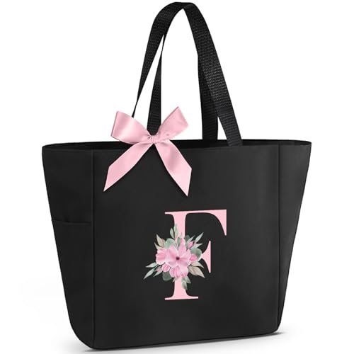 Tote Bag, A-Z Initial Monogrammed Waterproof Tote Bag, Bridesmaid Gifts for Women, Black and Pink (F, Black)