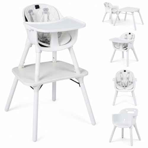 6-in-1 High Chair, Convertible Highchair for Babies and Toddlers/Kids Chair Table Set/Infant Feeding Chair w/Safety Harness, PU Leather Cushion & Removable Food Tray (White)