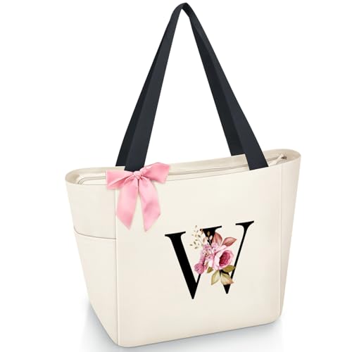 Tote Bag, A-Z Initial Monogrammed Waterproof Tote Bag, Bridesmaid Gifts for Women, Black and Pink (W, Beige)