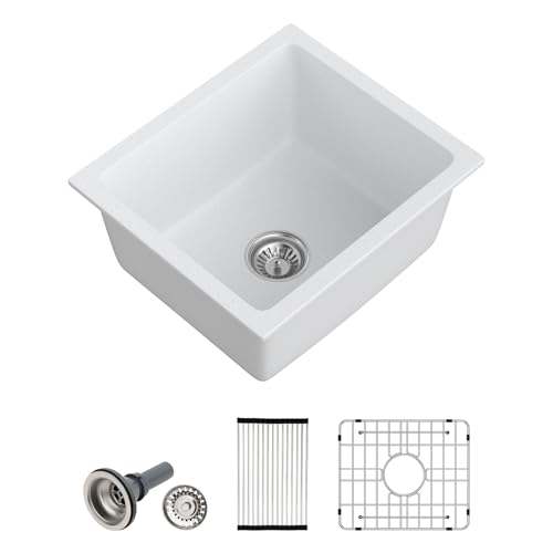 18 Inch Undermount Small Bar Sink Single Bowl Kitchen Sink White Granite Composite Wet Bar Sinks 18"W×16"D×9"H