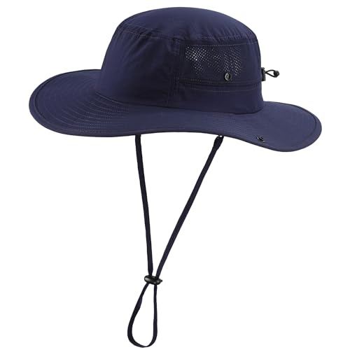 UPF50+ Wide Brim Sun Hat for Mens Womens UV Protection Beach Bucket Hat Airy Cowboy Hat for Fishing Hiking Gardening Navy Blue