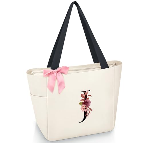 Tote Bag, A-Z Initial Monogrammed Waterproof Tote Bag, Bridesmaid Gifts for Women, Black and Pink (J, Beige)