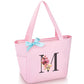 Tote Bag, A-Z Initial Monogrammed Waterproof Tote Bag, Bridesmaid Gifts for Women, Black and Pink (M, Pink)