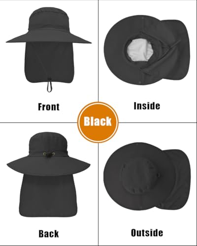 Outdoor Sun Hats with Stowable Neck Flap for Men Women UPF 50+ Mesh Summer Bucket Hat Wide Brim for Fishing Safari Hiking Black