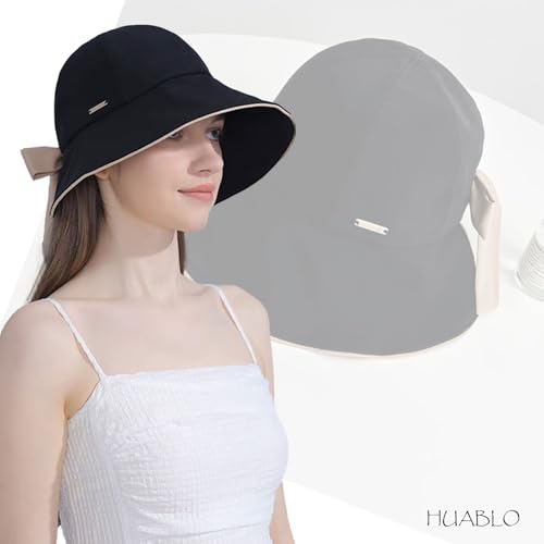 HUALBO Wide Brim Hats for Woman Foldable Hats Sun Hats for Women uv Protection Bowknot Bucket hat Adjustable hat with Ponytail Hole Black