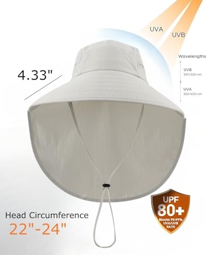 UPF 80+ Sun Hat for Men Women Wide Brim Sun Hat with Neck Flap Summer Safari UV Protection Gardening Fishing Hat Light Grey