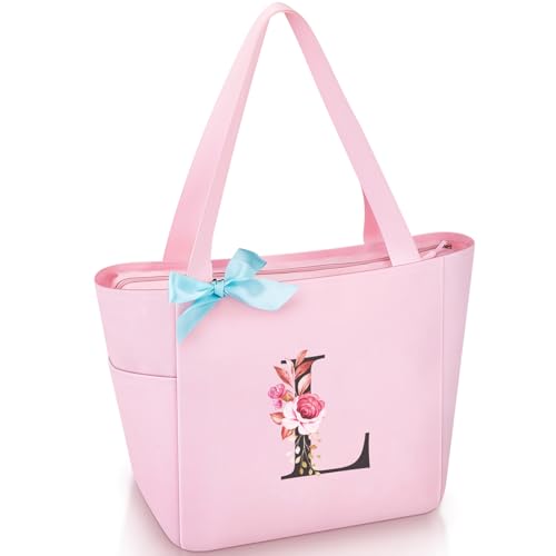 Tote Bag, A-Z Initial Monogrammed Waterproof Tote Bag, Bridesmaid Gifts for Women, Black and Pink (L, Pink)