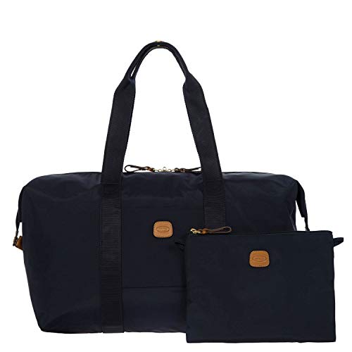 Bric’s X-Bag/X-Travel 2.0 Overnight Weekender Duffel, Water-Resistant Folding Carry-On with Leather Trim, Removable Shoulder Strap and Pass-Through Sleeve - Mini Bag Included – 18 Inch, Navy