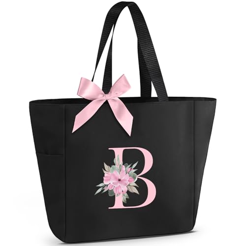Tote Bag, A-Z Initial Monogrammed Waterproof Tote Bag, Bridesmaid Gifts for Women, Black and Pink (B, Black)