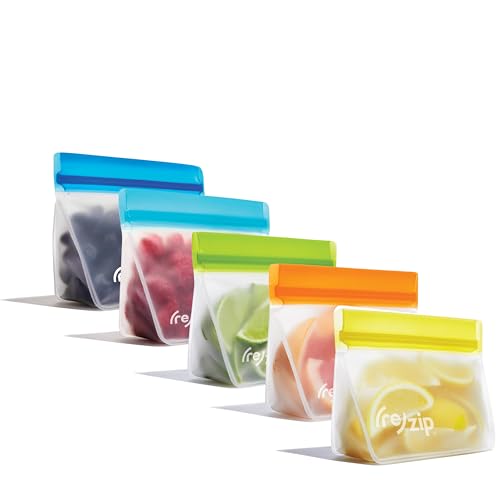 re) zip Reusable Stand-Up Snack Bags, Leakproof, 8 oz, 5-Pack, Multicolor