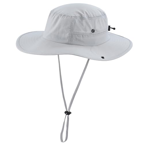 UPF50+ Mens Womens Sun Hat Wide Brim Sun Protection Hat for Beach Fishing Gardening Safari Bucket Hat Mesh Cowboy Hat Light Grey