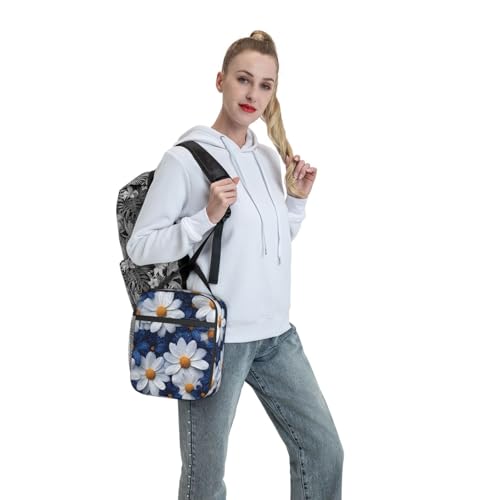 Elegant Daisy Insulated Lunch Box for Women Men White and Blue Flower Lunch Bag for Travel