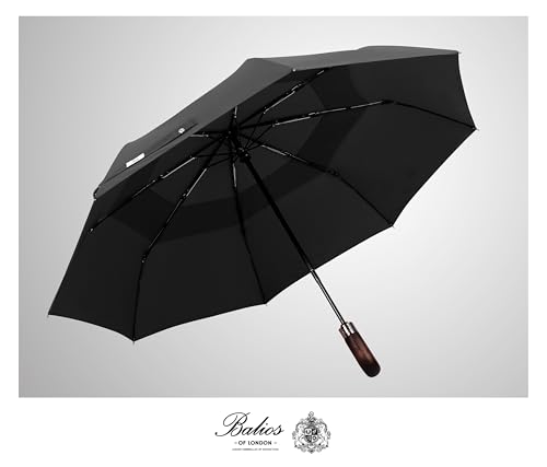 Folding Umbrella Real Wood Handle Auto Open Close Black