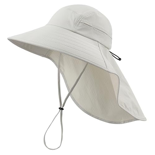 UPF 80+ Sun Hat for Men Women Wide Brim Sun Hat with Neck Flap Summer Safari UV Protection Gardening Fishing Hat Light Grey